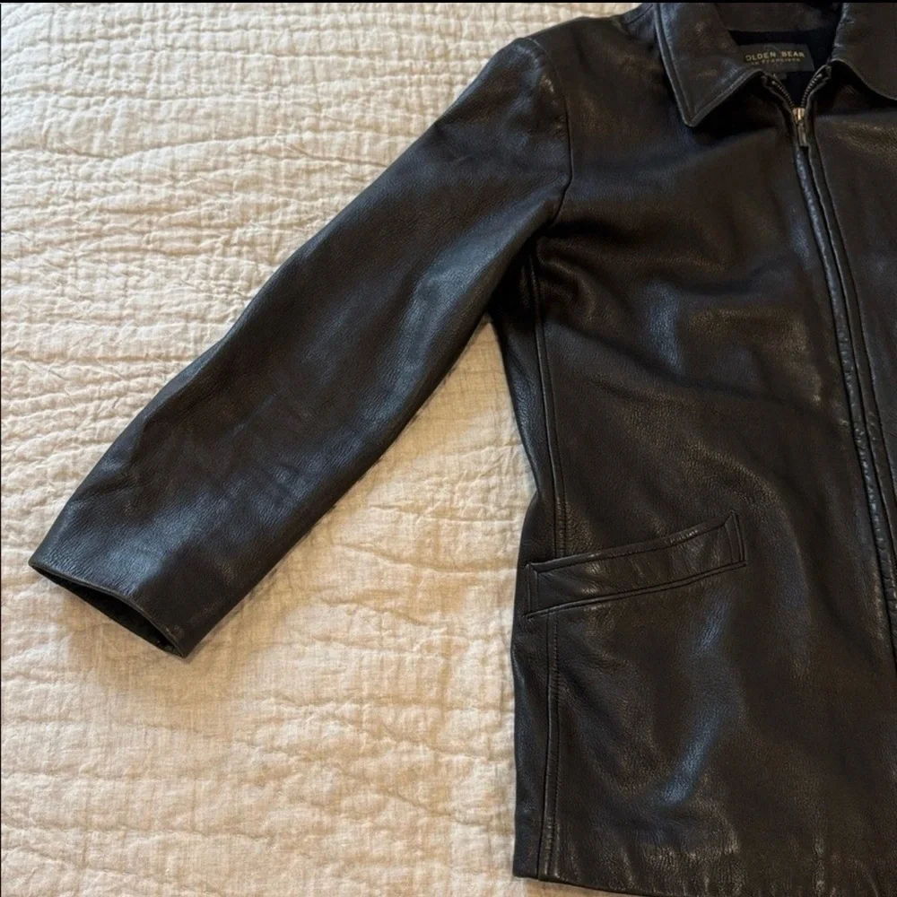 Golden‎ Bear Men's Large Leather Jacket Black Wool Lined USA Made Front Zip Coat